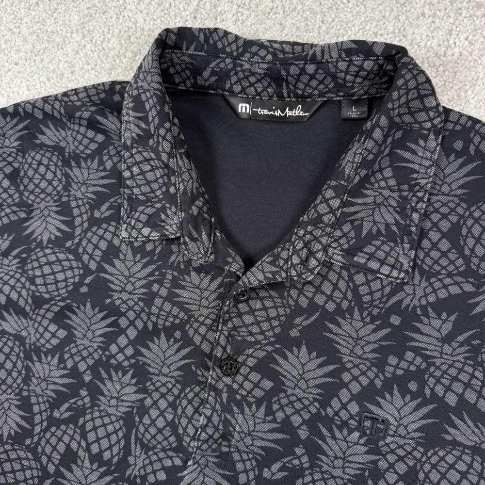 TravisMathew Polo Shirt Mens Large Black Pineapple Print Pima Cotton Blend